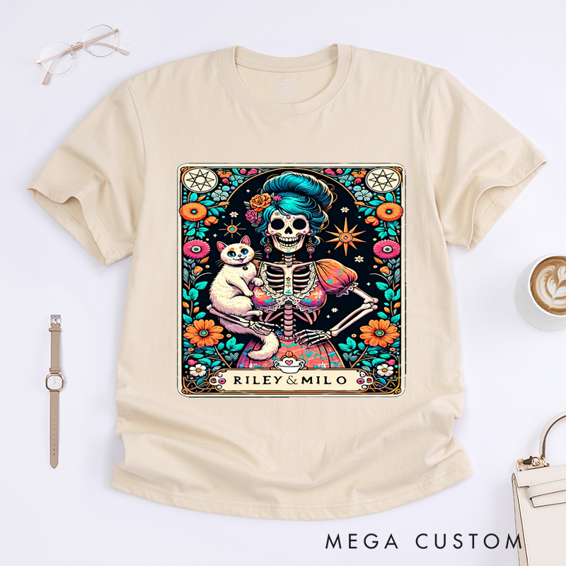 Personalized Tarot Lovers Classic T-Shirts Custom Name Cat Lady Skeleton Floral Art Present