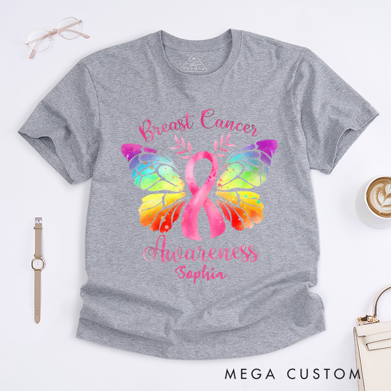 Personalized Pink Ribbon Butterfly Breast Cancer T-Shirt Survivor Ribbon Gift