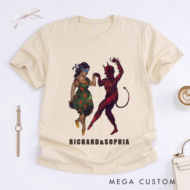 Personalized Classic T-Shirts Dancing Devil and Blindfolded Women Unique Artistic Unisex Gift Custom Name Top Retro Style Shirt