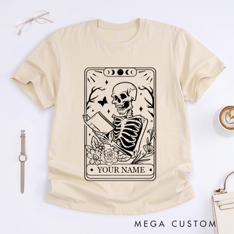 Personalized Skeleton Reader T-Shirts Unique Tarot Lover Gift for Men and Women Custom Name Floral Skulls Art Reader Shirt for Friends