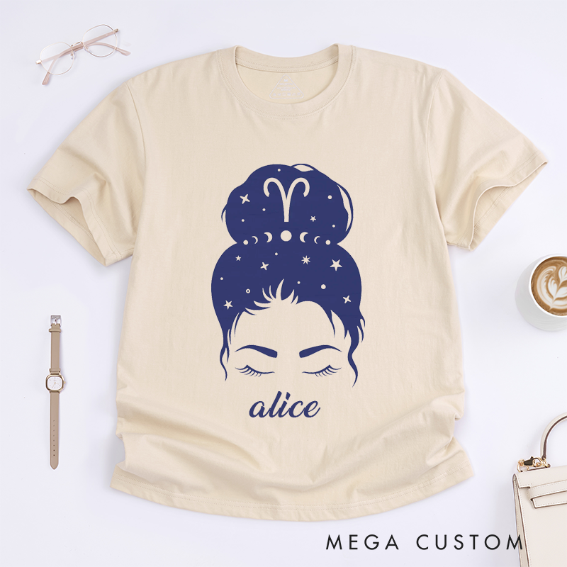 Personalized Aries Zodiac Sign Classic T-Shirts Custom Name Astrology Horoscope Gift for Women Unique Star Constellation Tee
