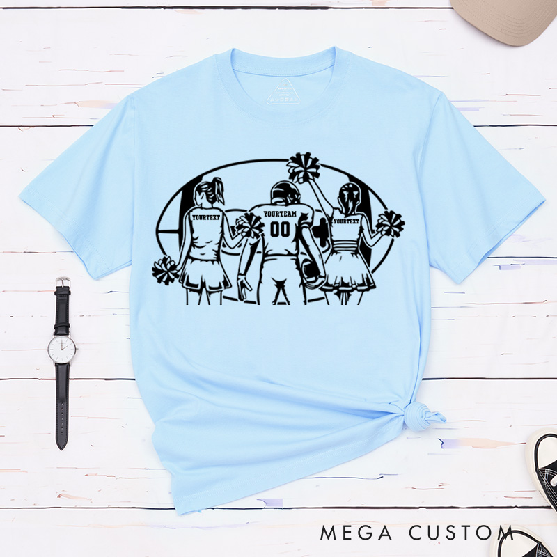 Personalized American Football Cheerleader T-Shirts with Custom Player and 2 Cheerleader Name and Number