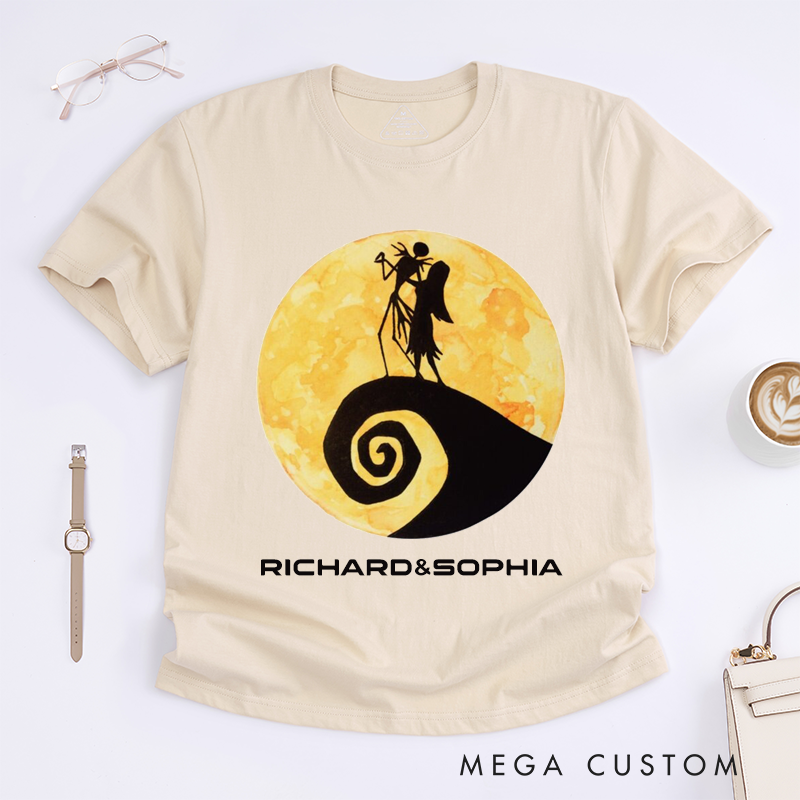 Personalized Skeleton Couple Romantic Moonlight Scene T-Shirts Unique Gothic Art Lovers Gift Custom Unisex Tee for Anniversary