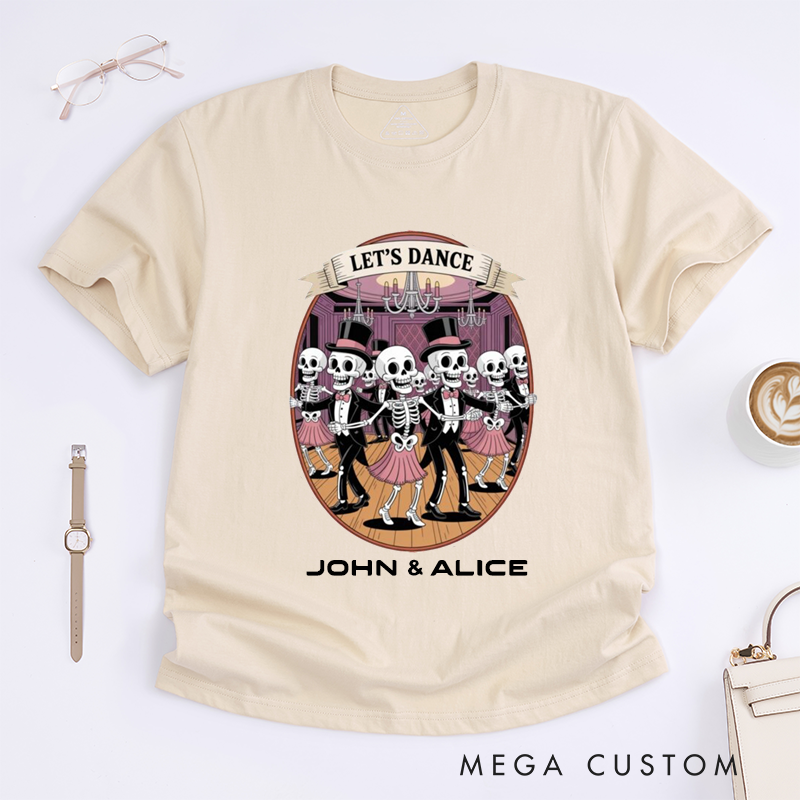 Personalized Skeleton Ballroom Dance T-Shirts Funny Dancing Skeletons Tee Unique Dance Gift for Dancer Friend Couple Custom Unisex Shirt