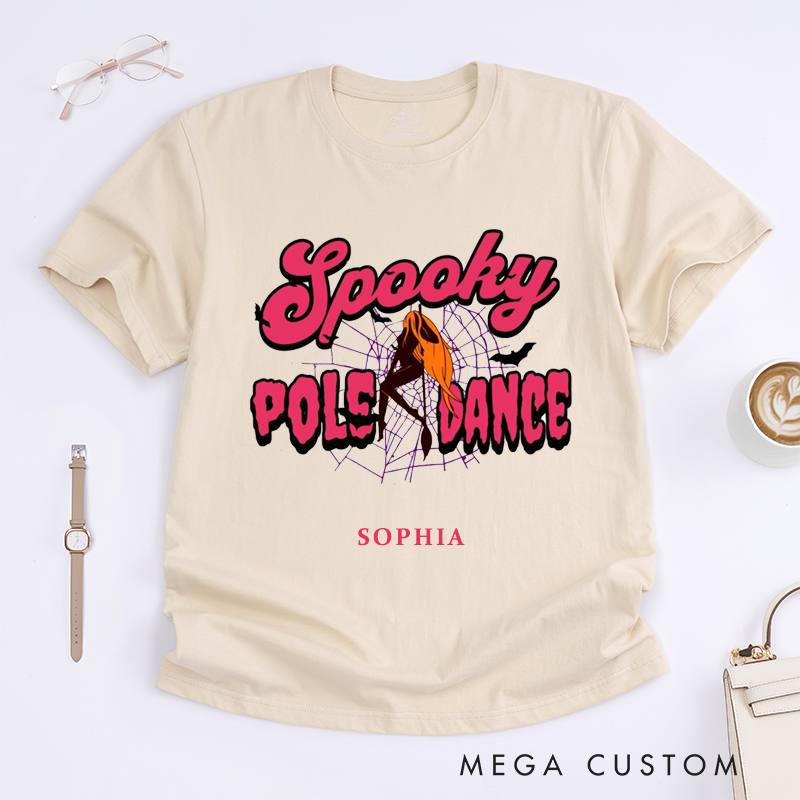 Personalized Spooky Pole Dance Halloween T-Shirts Custom Name Dancer Tee Unique Gift for Women Funny Pole Lover Present for Her Halloween Apparel