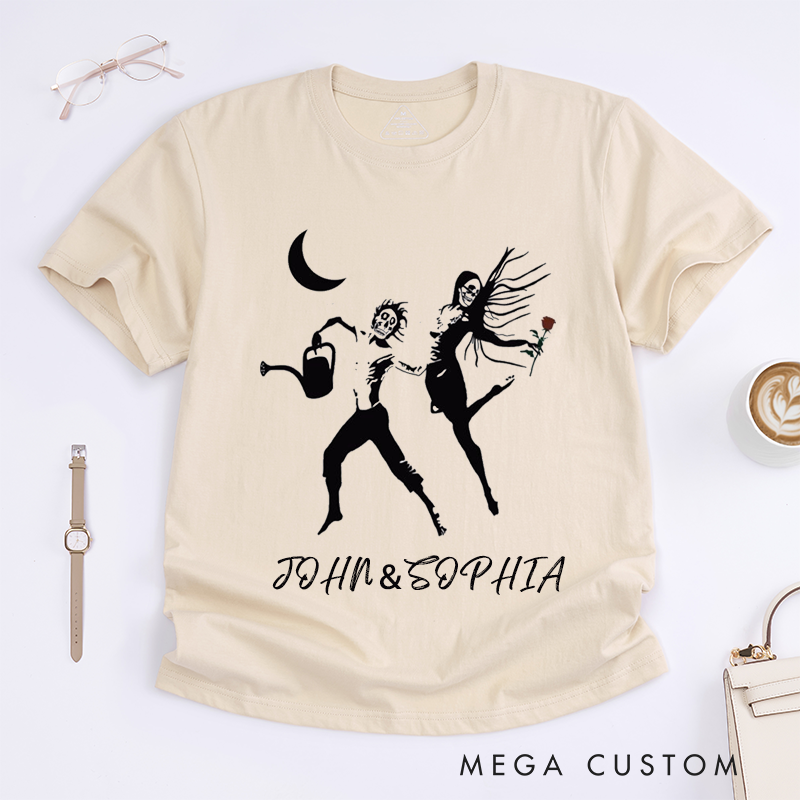 Personalized Gothic Forever Skeleton Couple Art Unisex T-Shirts Unique Romantic Gift for Lovers Friends Custom Name Cute Dark Aesthetic Tee