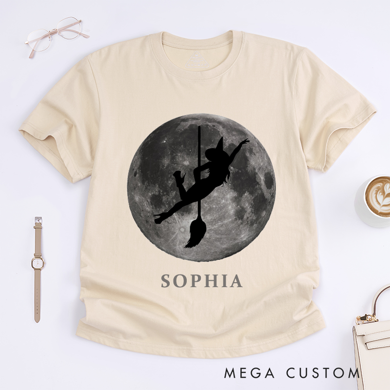 Personalized Dance Witch Broomstick T-Shirts Custom Name Halloween Gift for Women Unique Witchy Shirt for Her Full Moon Silhouette Night Top