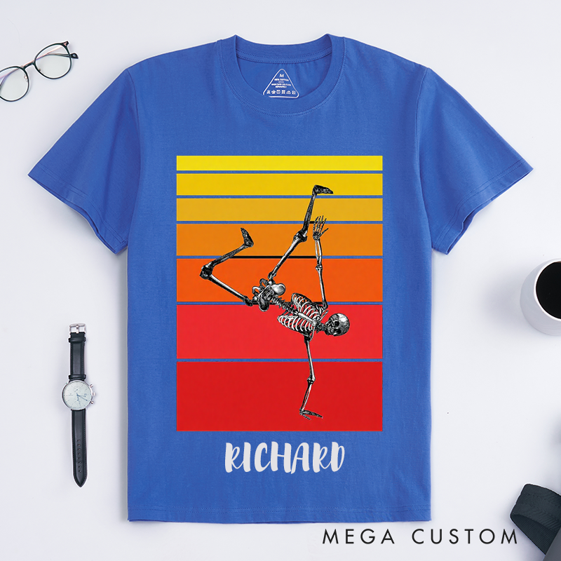 Personalized Skeleton Street Dance Pose T-Shirts Retro Vintage Sunset Design Unique Gift for Men Custom Name Funny Skeleton Tee