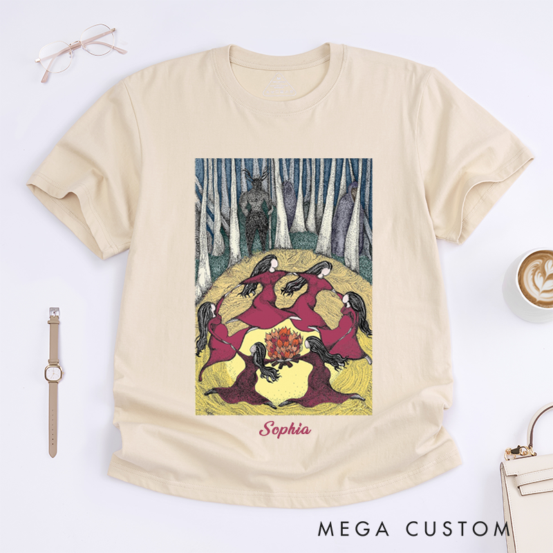 Personalized Witchy Women Circle Dance T-Shirts Mystical Forest Bonfire Art Unique Spiritual Gift for Her Ladies Custom Name Witch Tee