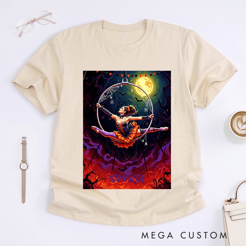 Personalized Halloween Dancing T-Shirts Custom Name Acrobat Performer Gift for Women Unique Fall Witchy Costume Tee Present