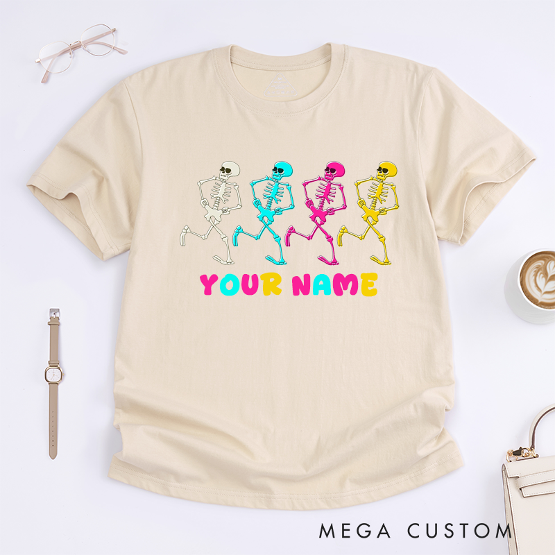 Personalized Dancing Skeletons T-Shirt Unisex Funny Runners Skeleton Graphic Tee Unique Halloween Gift for Friends Family