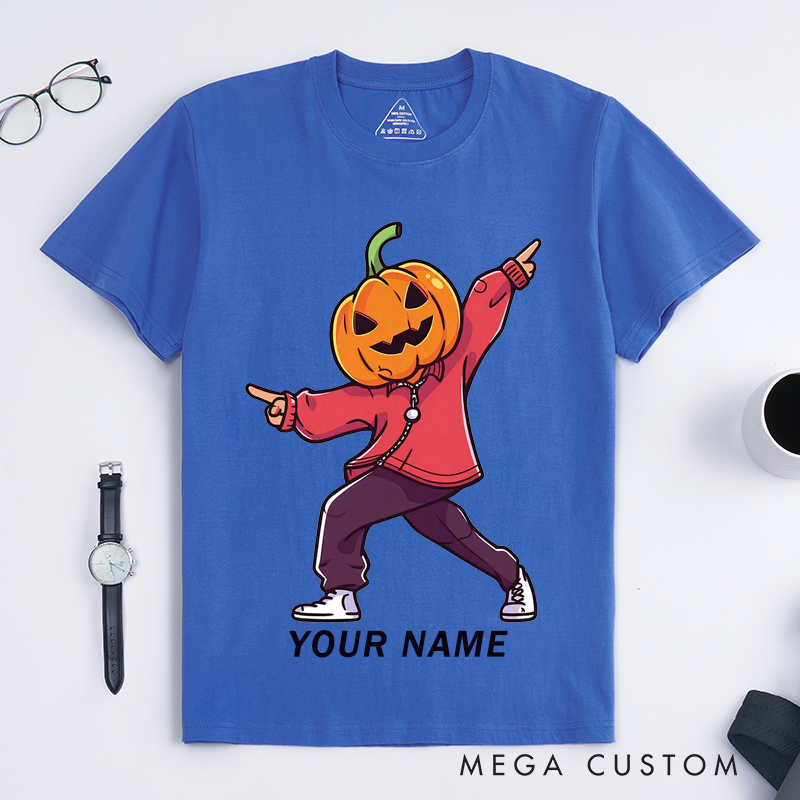 Personalized Halloween Pumpkin Head Dancing Graphic T-Shirts Custom Name Fall Gift for Men Trendy Streetwear Unique Funny for Boys and Teens