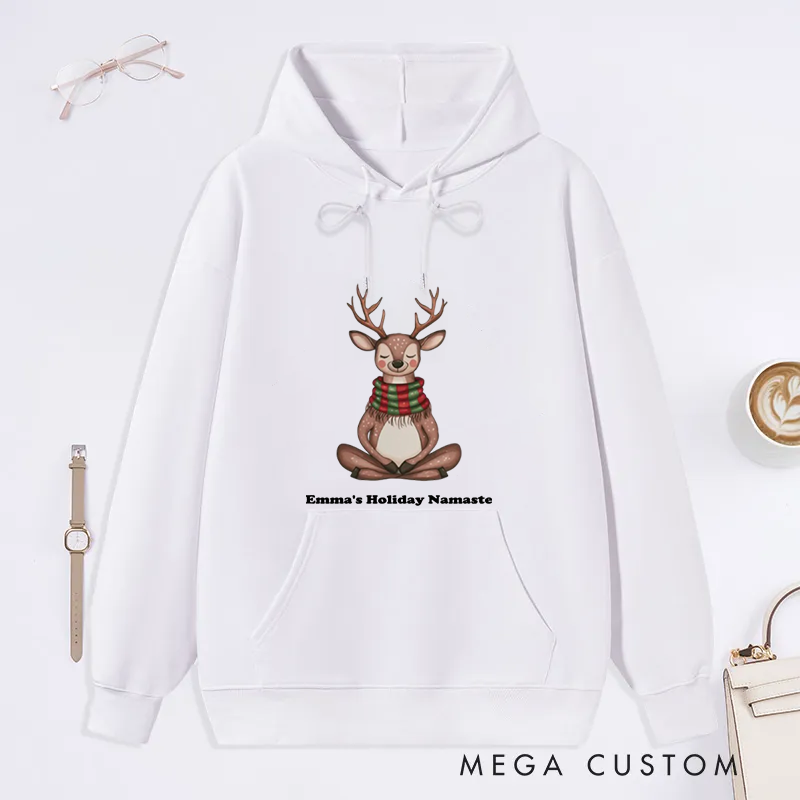 Personalized Christmas Classic Hoodie with Cute Meditating Reindeer Design Custom Name Gift Idea for Yoga Lover