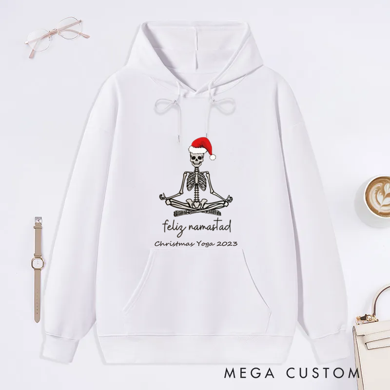 Personalized Christmas Classic Hoodie Skeleton Yoga Design with Santa Hat Custom Time Gift Idea for Yoga Lover