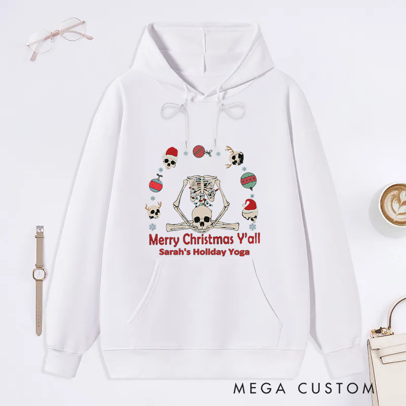 Personalized Christmas Classic Hoodie with Meditating Skeleton Design Custom Name Gift Idea for Yoga Lover