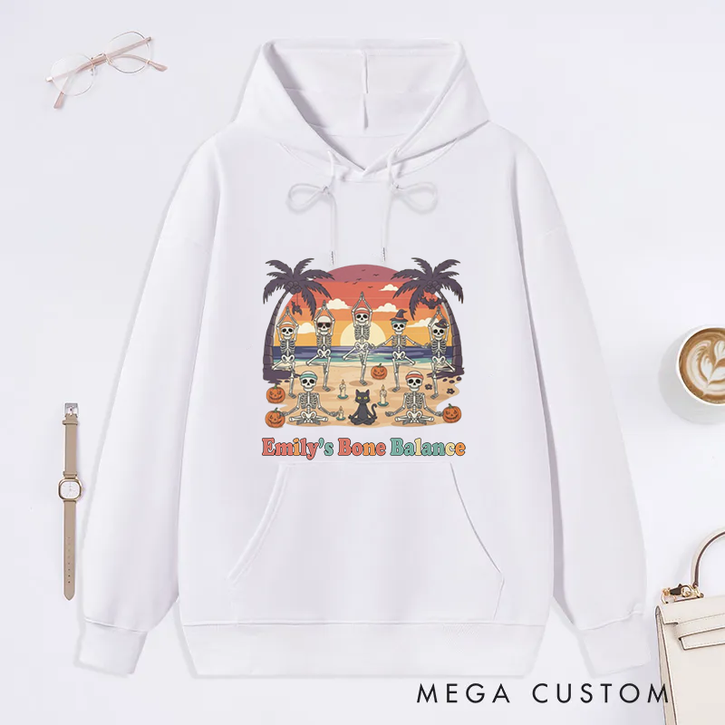 Personalized Funny Halloween Beach Theme Classic Hoodie with Bone Balance and Skeleton Yoga Design Custom Name Gift Idea for Yoga Lover