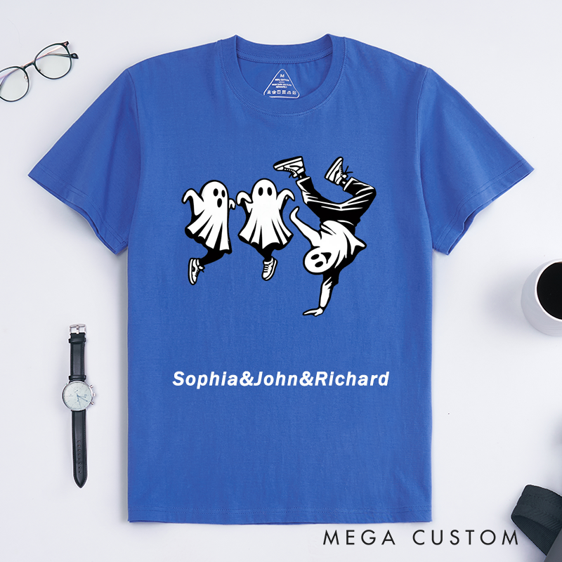 Personalized Ghost Breakdance T-Shirts Funny Hip Hop Ghost Street Dance Design Custom Name Halloween Gift for Men Unique Ghost Dancing Tee