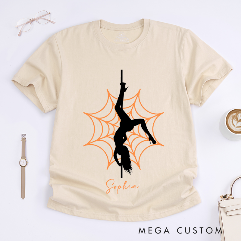 Personalized Pole Dance Spider Web Silhouette Women T-Shirts Unique Gift for Dancer Fitness Lover Halloween Themed Custom Tee