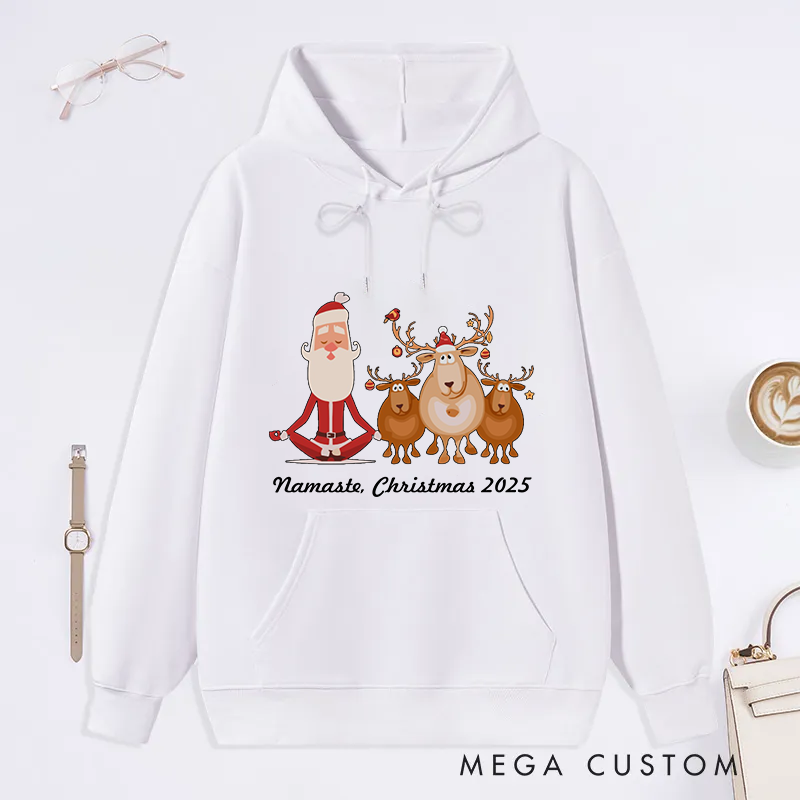 Personalized Christmas Classic Hoodie with Funny Santa and Yoga Reindeer Theme Custom Time Gift Idea for Yoga Lover