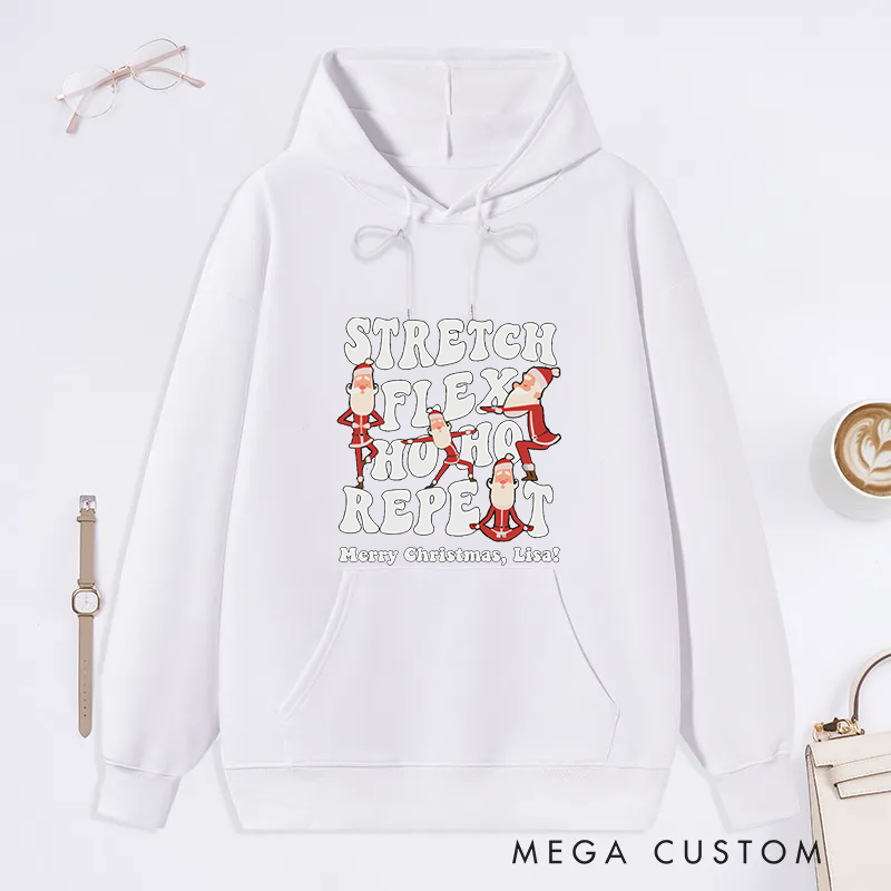 Personalized Christmas Classic Hoodie with Stretch, Flex, Ho Ho Ho Design Custom Name Gift Idea for Yoga Lover