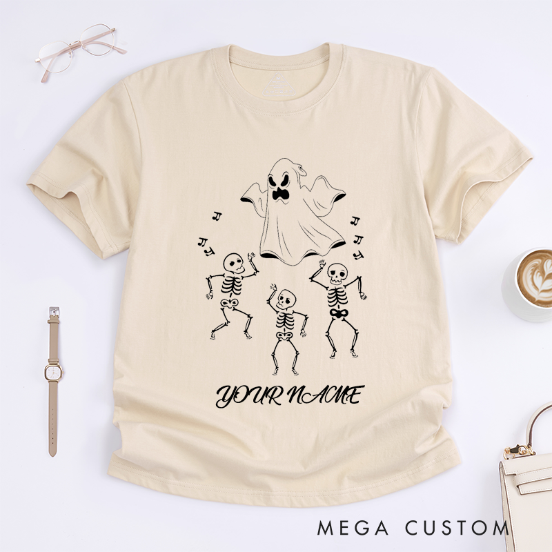 Personalized Dancing Skeletons and Ghost T-Shirt Cute Spooky Halloween Gift for Women Fun Custom Name Night Unique Skull Design Present