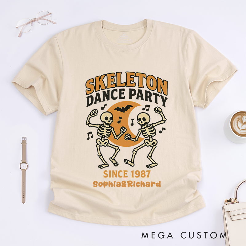 Personalized Skeleton Dance T-Shirts Custom Name Halloween Skeleton Graphic Tee Unique Dancing Skeletons Gift for Men Women Friends