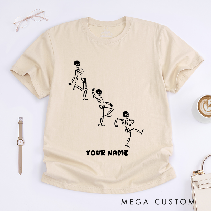 Personalized Dancing Skeleton T-Shirts Funny Skeleton Dance Custom Name Gift for Men Unique Spooky Dancing Bones Tee for Him Present