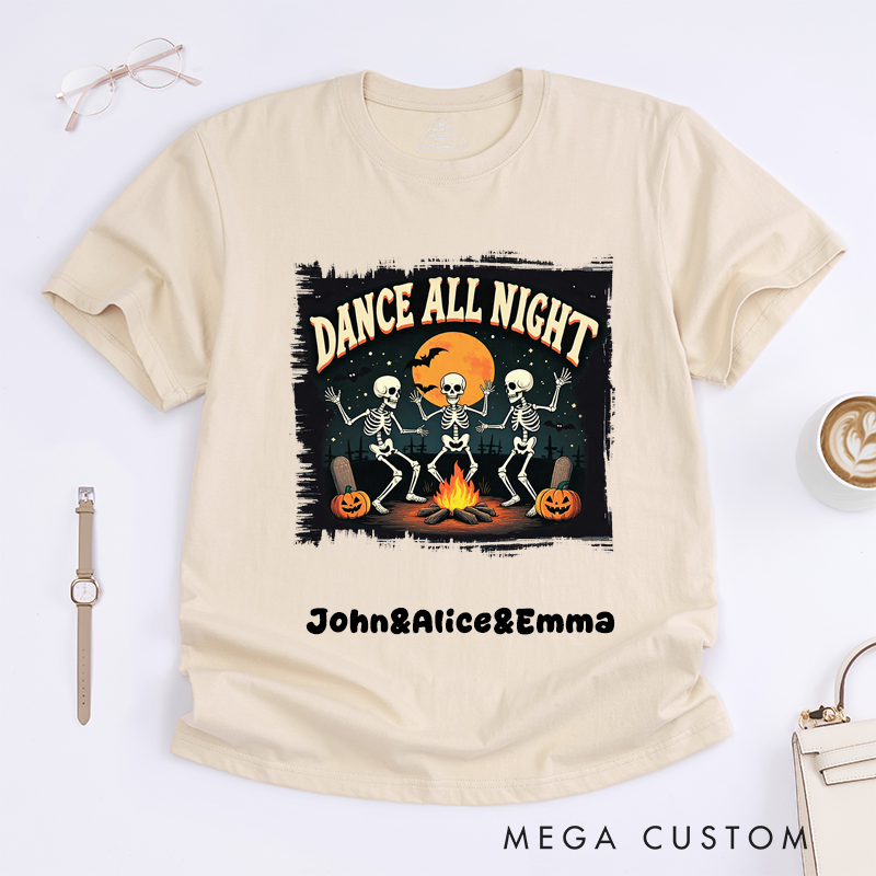 Personalized Skeleton Dance All Night Halloween T-Shirts Unisex Spooky Campfire Pumpkin Gift Custom Name Shirt for Men Women Halloween Lovers