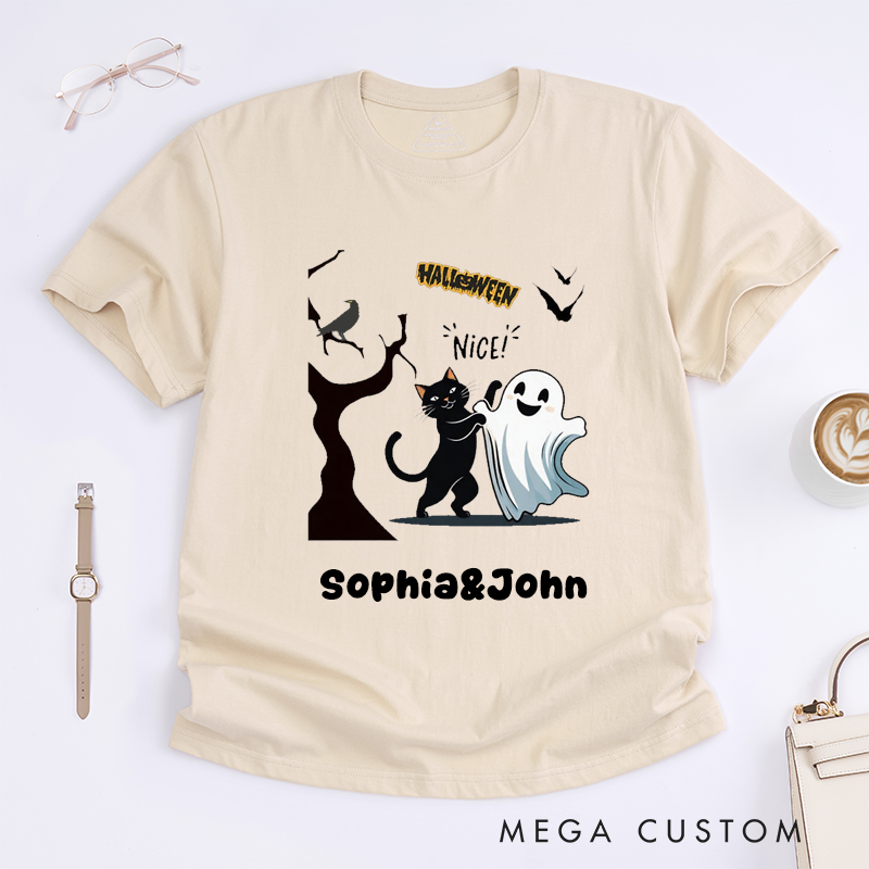 Personalized Halloween Black Cat and Ghost Cute Unisex T-Shirts Spooky Cartoon Animal Lovers Unique Custom Name Gift for Friends Family