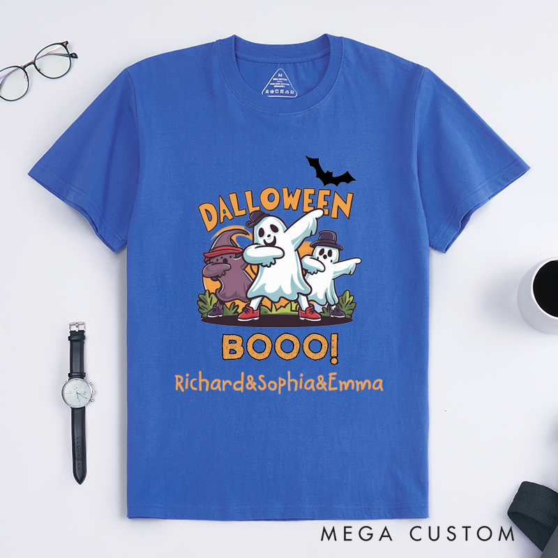 Personalized Halloween Ghost Dance T-Shirts Custom Name Unisex Cute Cartoon Ghosts Dabbing Spooky Gift for Teens Boys Girls Funny Halloween