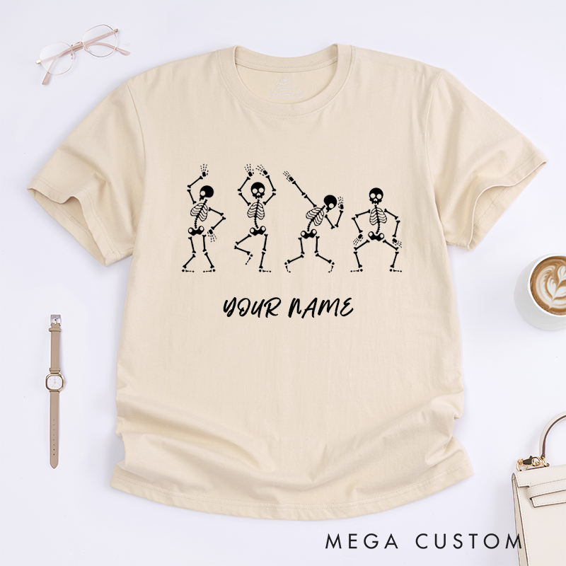 Personalized Dancing Skeleton T-Shirts Custom Name Funny Halloween Gift for Men Unique Skeleton Print Tee for Friends