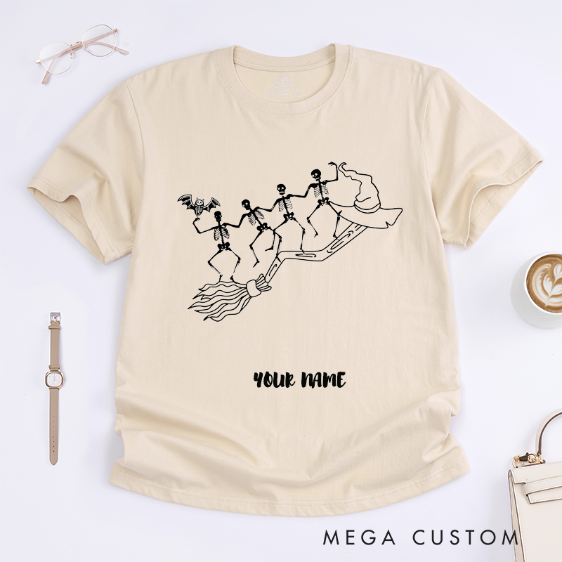Personalized Skeletons Riding Broomstick Halloween T-Shirts Custom Name Witch Hat Gift for Him Dancing Skeleton Crew Unique Spooky Tee for Men