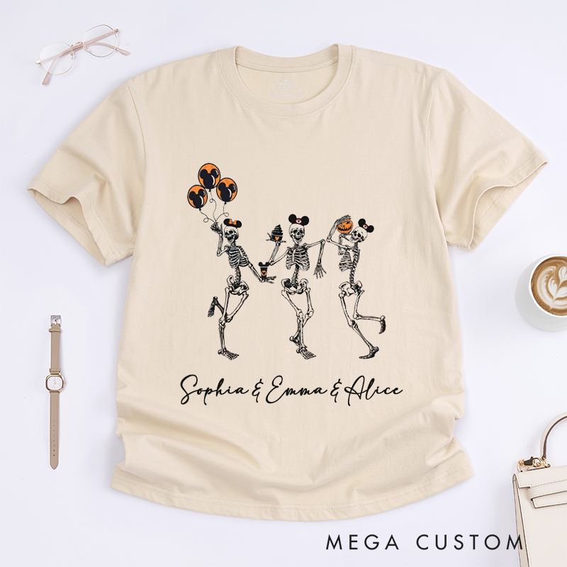 Personalized Skeleton Halloween T-Shirts Cute Funny Skeleton Graphic Tee Gift for Women Spooky Custom Name Halloween Shirt