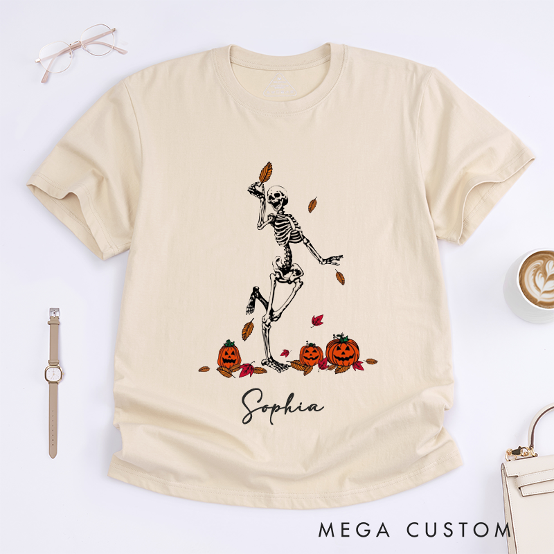 Personalized Halloween Skeleton Dancing Pumpkin T-Shirts Fall Leaves Cute pooky Outfit Custom Name Gift for Women