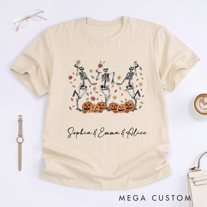 Personalized Halloween Dancing Skeletons T-Shirts Gift for Women Fall Pumpkin Autumn Leaves Graphic Custom Name Spooky Apparel for Friends