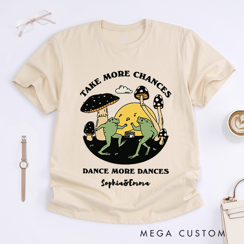Personalized Dancing Frog T-Shirts Custom Name Cute Mushroom Art Inspirational Graphic Tee Unique Gift for Women Friends Positive Motivation Shirt