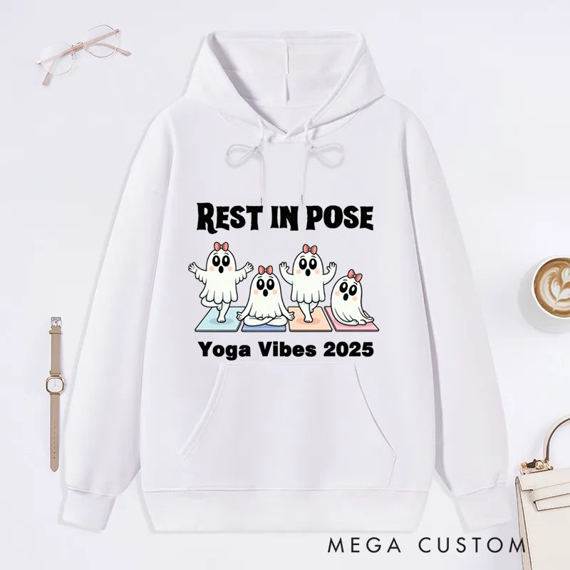 Personalized Rest in Pose Classic Hoodie with Cute Ghost Yoga Design Custom Time Gift Idea for Yoga Lover