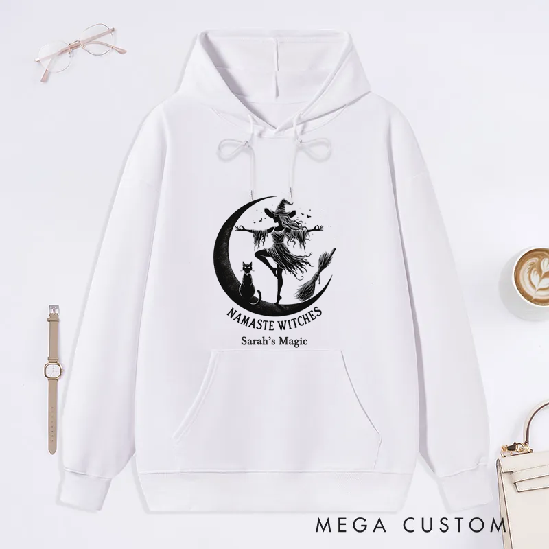 Personalized Namaste Witches Classic Hoodie with Elegant Witch and Moon Design Custom Name Gift Idea for Yoga Lover