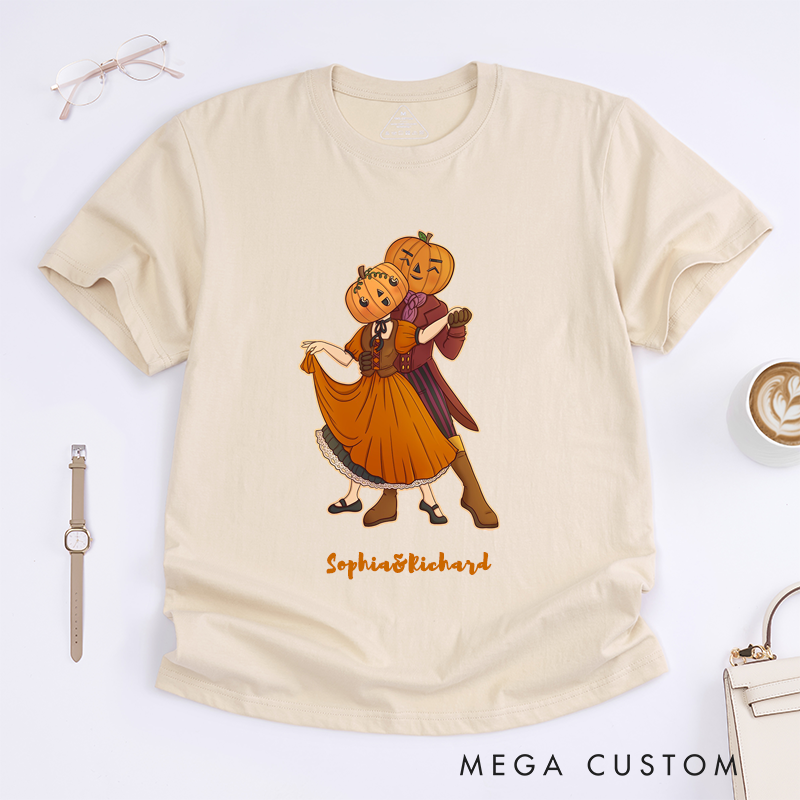 Personalized Pumpkin Couple Dancing T-Shirts Halloween Retro Style Unisex Fall Gift Autumn Lovers Unique Present for Him Her Friends