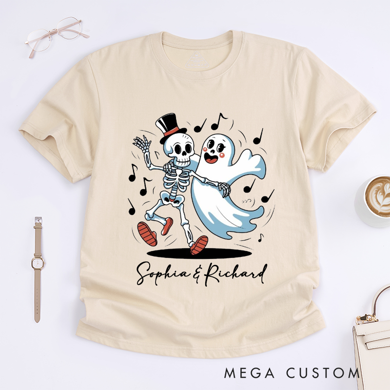 Personalized Dancing Skeleton and Cute Ghost Unisex T-Shirts Halloween Gift Custom Name Spooky Present for Friends Family Lovers Unique Costume