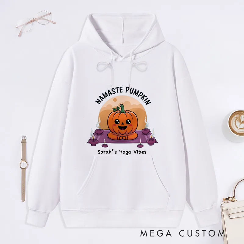 Personalized Namaste Classic Hoodie with Cute Yoga Pumpkin Design Custom Name Gift Idea for Yoga Lover