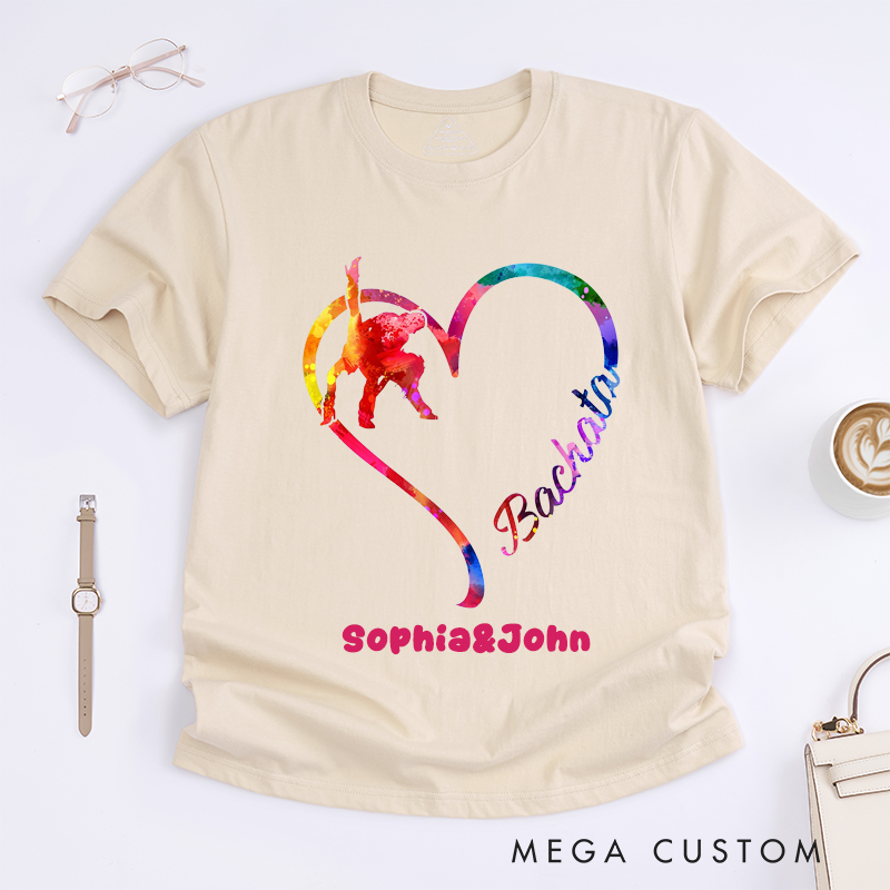 Personalized Bachata Dance Heart T-Shirts Custom Name Colorful Dancer Gift for Bachata Lovers Unique Latin Dancewear for Men and Women