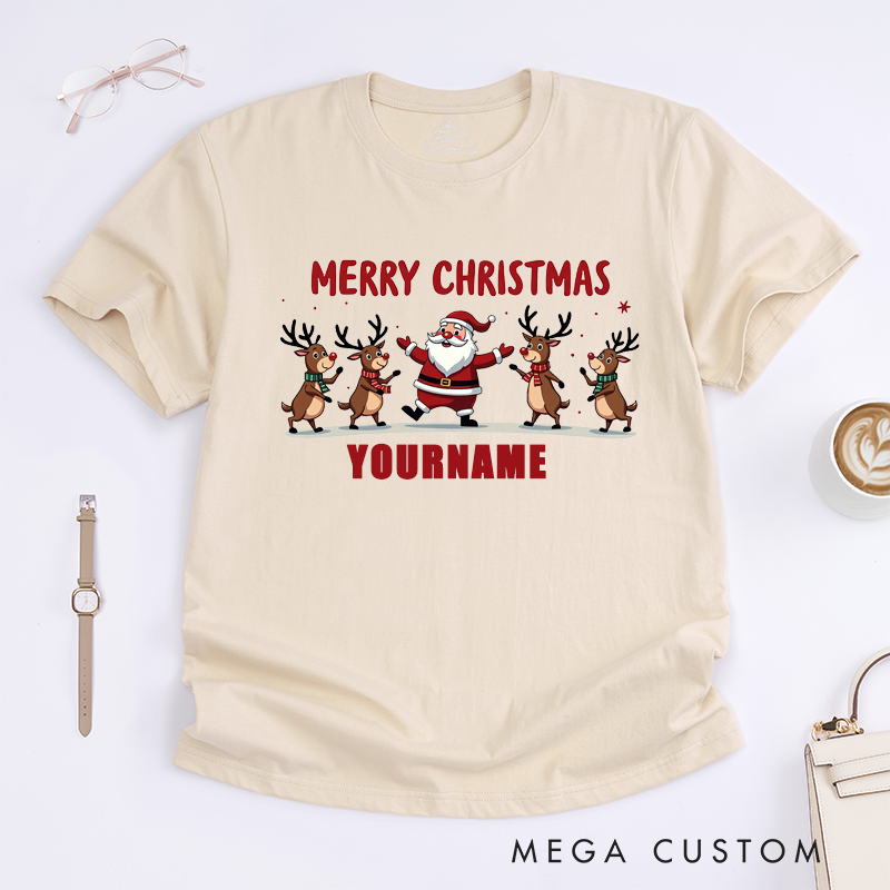 Personalized Merry Christmas Santa Claus Line Dance T-Shirts Custom Name Reindeer Graphic Tee Unique Gift for Women Christmas Family