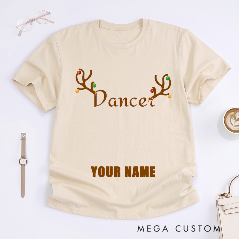 Personalized Reindeer Dancer Christmas Antlers Custom Name Gift T-Shirts Unique Women Top Funny Xmas Present for Her Family Matching Outfit
