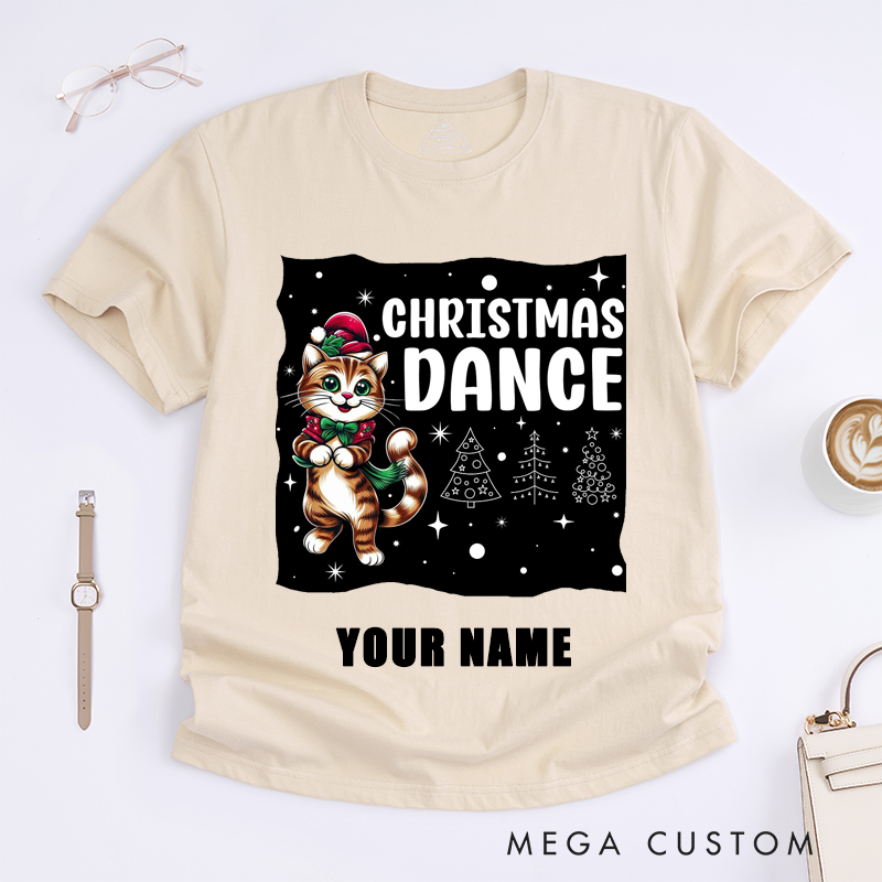 Personalized Christmas Cat Dance T-Shirts Cute Kitten Graphic Tee Unique Xmas Gift for Dance Lovers Women Custom Name Christmas Present