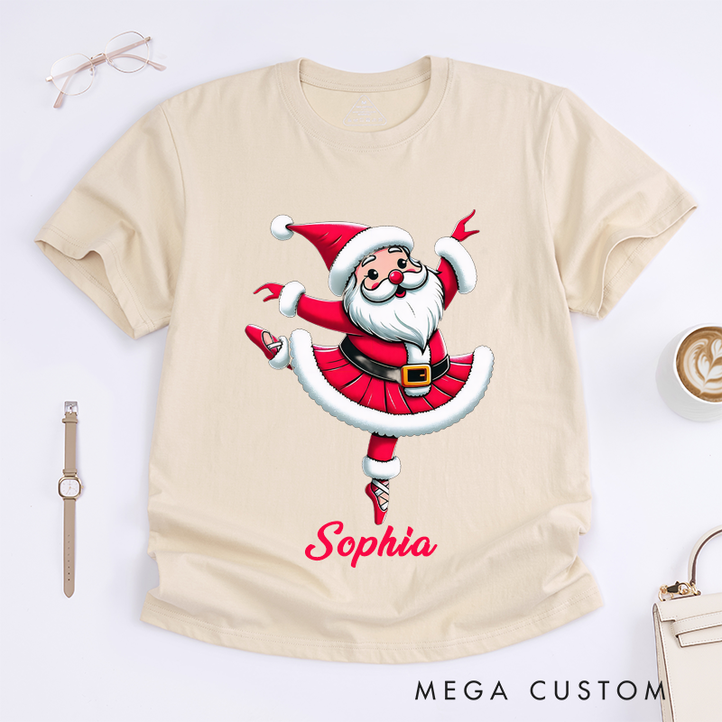 Personalized Santa Ballerina Christmas T-Shirts Cute Dance Gift for Women Girls Unique Xmas Ballet Lover Customizable Present