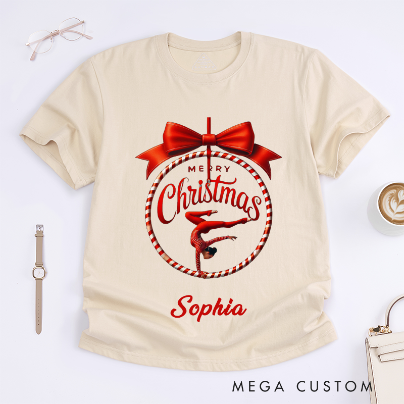 Personalized Merry Christmas Dance Candy Cane Ornament Gift T-Shirts Custom Name Red Bow Present for Women Girls Family