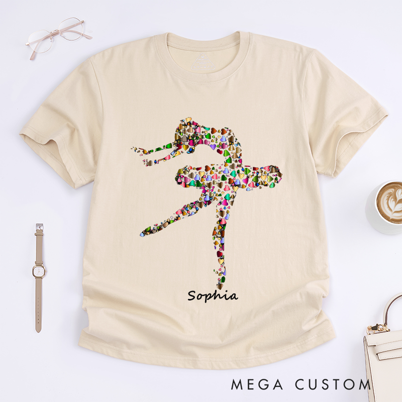 Personalized Ballet Dancer Heart Pattern T-Shirts Custom Name Colorful Artistic Dance Lover Gift for Women Unique Artistic Ballerina