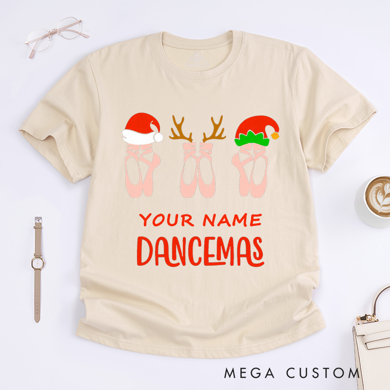 Personalized Ballet Christmas Dance Gift Womens T-Shirts Cute Dancemas Ballerina Xmas Custom Name Present for Dance Lovers