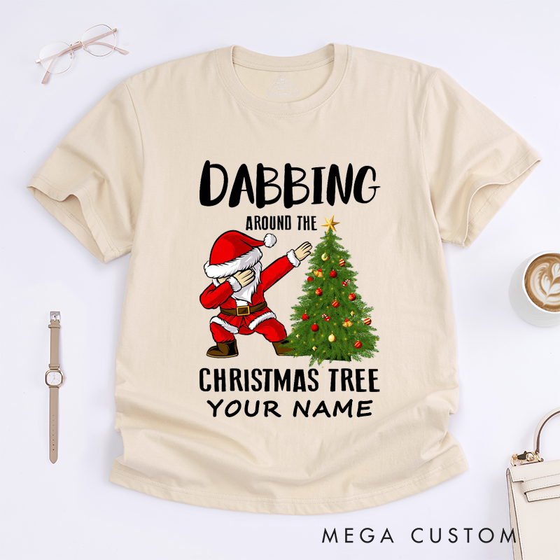 Personalized Dabbing Santa Christmas Tree T-Shirts Custom Name Funny Gift for Men Unique Xmas Party Tee for Dad Husband Boyfriend Friend Family